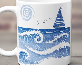 Coastal Coffee Mug, Ocean Waves Sailboat Cup, Nautical Beach House Decor, Seaside Art Mug, Ocean Lover Gift, Lake House Drinkware