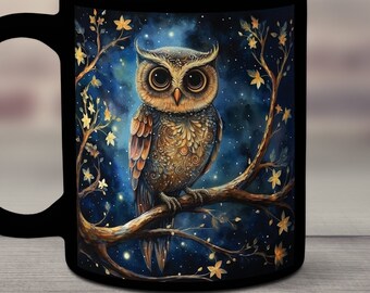 Owl Mug, Owl Ceramic Coffee Mug, Whimsical Owl Cup, Enchanted Owl Gift Mug, Gift for Owl Lovers, Gift for Nature Lovers, Owl at Night Mug