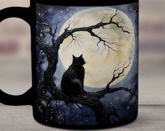 Cat Moon Ceramic Mug, Black Cat Full Moon Coffee Mug, Celestial Cat Gift, Cat Tree Cup, Cat Lover Gift, Moon Lover Gift, Mystical Cat Moon