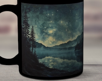 Lake Under Stars Mug, Mountain Mug, Evergreen Trees Cup, Pine Trees, Scenic Ceramic Mug, Lake Coffee Cup, Beautiful Mug, Night Forest Cup