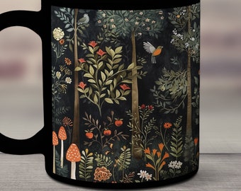 Woodland Forest Mug, Spring Forest Ceramic Mug, Mushrooms Coffee Cup, Floral Mug, Mug with Birds, Cottagecore Mug, Boho Mug, Trees Flowers