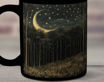 Crescent Moon and Stars Mug, Moon Mug, Moonlit Forest Mug, Moon and Stars Coffee Cup, Crescent Moon Ceramic Mug, Moon and Trees Mug, Flowers