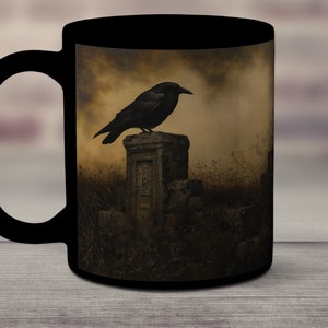 Crow Mug, Crow Coffee Cup, Bird Lover Gift, Ceramic Raven Cup, Bird Watcher Mug, Cemetery Tombstone, Goth Mug, Dark Cottagecore, Bird Art