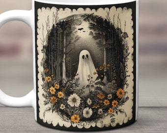 May include: White ceramic mug with a black and white illustration of a ghost in a forest with yellow flowers. The illustration is framed with a black scalloped border.