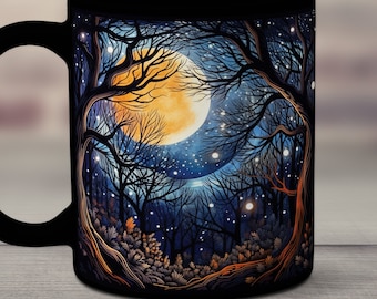 Moon Mug, Mystical Moon Mug, Moon and Stars Mug, Artistic Tree Cup, Nature Lover Gift, Full Moon Coffee Mug, Celestial Decor
