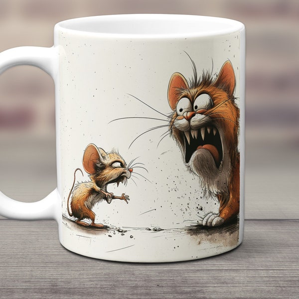 Cat and Mouse Mug, Funny Cat Mug, Angry Mouse, Scared Cat, Tired of Bullying, Never Give Up Mug, Gift for Courage, Be Strong Coffee Cup