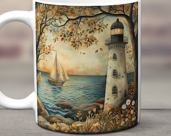Lighthouse Mug, Lighthouse Lover Gift, Nautical Coffee Cup, Sailboat Mug, Coastal Ceramic Cup, Ocean Beach House Gift, Lighthouse Decor