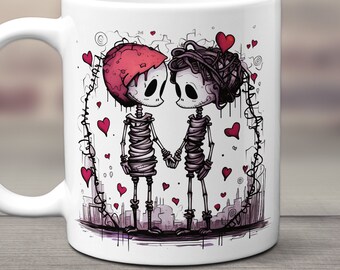 Cute Skeletons Mug, Skeleton Valentines Mug, Skeleton Lovers Mug, Skeletons Coffee Cup, Skeletons In Love Ceramic Mug, Valentines Day Gift