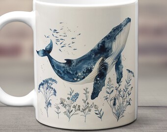 Whale Mug, Ceramic Whale Mug, Floral Whale Gift Mug, Whale Lovers Gift, Whale Coffee Cup, Under the Sea Mug, Ocean Life Mug, Cute Whale Mug