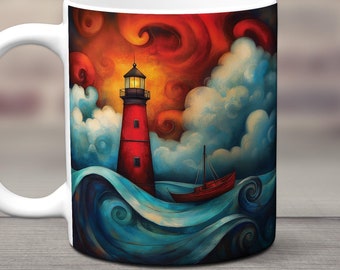 Lighthouse Mug, Ocean Coffee Cup, Lighthouse Gift, Coastal Gift Mug, Nautical Ceramic Cup, Beach House, Maritime Decor, Seaside, Sea Life