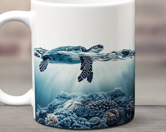 Sea Turtle Mug, Sea Turtle Gifts, Ocean Themed Gifts, Sea Life Ceramic Mug, Turtle Lover Gift, Beach Mug, Beach Coffee Cup, Ocean Coral
