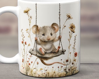 Cute Mouse on a Swing Mug, Adorable Mouse Coffee Cup, Ceramic Mouse Mug, Nature Lover Gift, Animal Lover Mug, Cute Floral Tea Cup, Unique