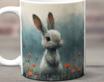 Rabbit Mug, Bunny Mug, Rabbit Lover Gift, Cute Bunny Ceramic Mug, Cute Bunny Rabbit Gift, Rabbit Coffee Cup, Rabbit in Flowers, Baby Bunny