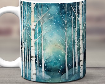 Winter Birch Trees Mug, Winter Birch Tree Forest, Snow Covered Trees Mug, Woodland Coffee Cup, White Birch Ceramic Mug, Cute Birch Tree Gift