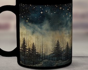 Forest Under the Stars Mug, Evergreen Forest at Night Ceramic Mug, Starry Night Forest Coffee Cup, Trees and Stars Mug, Pine Trees