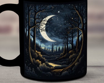 Crescent Moon Mug, Mystical Moon Mug, Moon Lovers Gift, Moon and Trees Mug, Moon and Stars Mug Gift, Moon Forest Mug, Moon Woodland Mug