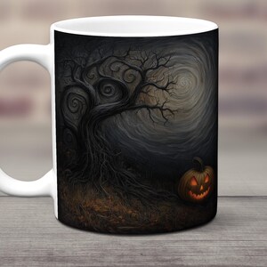May include: White ceramic mug with a black and white illustration of a spooky tree with a jack-o'-lantern in the foreground. The background is a dark blue with swirling clouds.