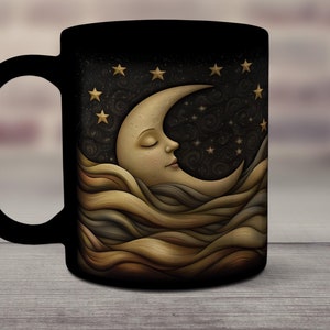 Moon and Stars Ceramic Mug, Crescent Moon, Cute Moon Mug, Starry Sky, Moon Face Mug, Moon Coffee Cup, Moon Art Gift, Moon and Clouds, Stars