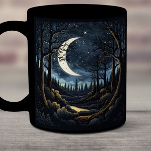 Crescent Moon Mug, Mystical Moon Mug, Moon Lovers Gift, Moon and Trees Mug, Moon and Stars Mug Gift, Moon Forest Mug, Moon Woodland Mug