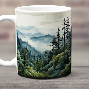 Evergreen Tree Forest Mug, Pine Tree Ceramic Mug, Forest Mountain Coffee Cup, Beautiful Trees Gift Mug, Woodland Mug, Nature Lover Gift