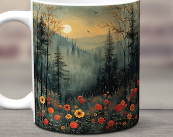 Wildflower Forest Mug, Mountain Forest Mug, Forest Flower Mug, Wildflower Ceramic Mug, Mountain Coffee Cup, Nature Lover Mug, Misty Mountain