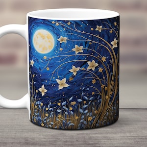 May include: White ceramic mug with a blue and gold design. The design features a full moon, stylized flowers, and leaves.