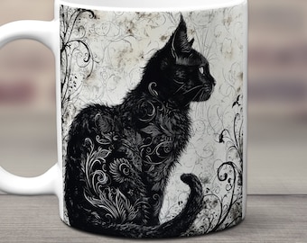 Cute Cat Ceramic Mug, Artistic Cat Coffee Cup, Beautiful Cat Gift Mug, Cat Owner Gift, Gift for Cat Lover, Cat Mom Gift Mug, Elegant Cat Mug