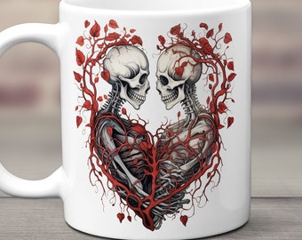 Skeleton Lovers Heart Mug, Skeleton Mug, Skeletons in Love, Skull Mug, Goth Mug, Spooky Mug, Horror Coffee Mug, Skeleton Gift, Red Heart