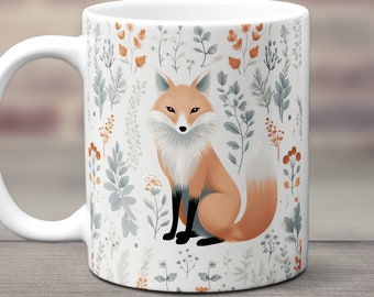 Fox Mug, Fox Lover Gift, Cottagecore Mug, Fox Coffee Cup, Fox Floral Mug, Fox Flowers Gift, Cute Fox Gift Mug, Woodland Animal Gift Mug