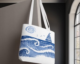 Coastal Tote Bag, Ocean Waves Sailboat Market Bag, Nautical Beach Shopper, Seaside Carryall, Ocean Lover Gift, Lake House Accessory