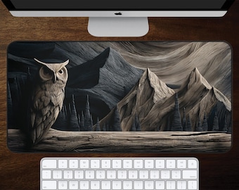 Owl Desk Mat, Woodland Mouse Pad, Woodcut Style Mountain Desk Pad, Forest Wildlife Art, Rustic Office Decor, Nature Lover Gift