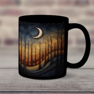 May include: Black ceramic coffee mug with a crescent moon and a forest scene in shades of orange, brown, and blue.