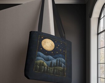 Mountain Tote Bag, Moon and Stars Tote Bag, Celestial Purse, Artsy Tote, Nature Shoulder Bag, Artistic Shopping Bag