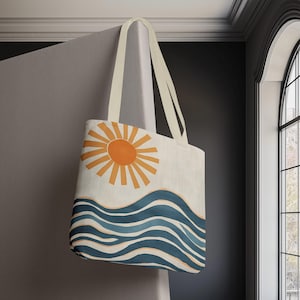 Sun and Waves Tote Bag, Beach Tote, Minimalist Shoulder Bag, Summer Market Bag, Ocean Waves Grocery Bag, Cute Tote Bag