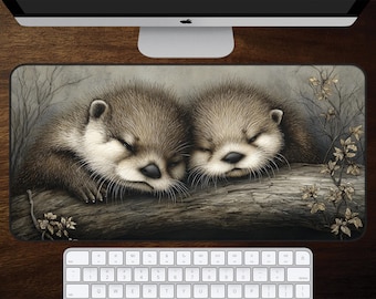 Otter Desk Mat, Cute Animal Mouse Pad, Sleeping Otters on Log, Woodland Wildlife Decor, Nature Lover Gift, Cozy Office Desk Pad