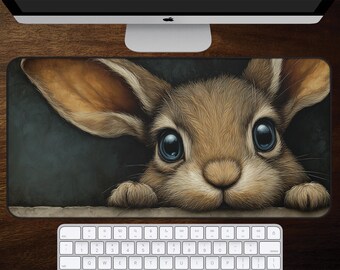 Bunny Desk Mat, Rabbit Mouse Pad, Cute Animal Desk Pad, Woodland Nature Decor, Bunny Lover Gift, Cottagecore Office Accessory, Wildlife Art