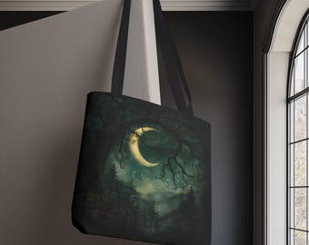 Forest Tote Bag, Crescent Moon and Stars, Celestial Woodland Bag, Enchanted Forest Tote, Cottagecore Nature Lover Gift, Mystic Night