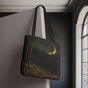 Crescent Moon Tote Bag, Starry Forest Tote, Celestial Shoulder Bag, Night Sky Reusable Market Bag, Lunar Eco-friendly Shopping Tote