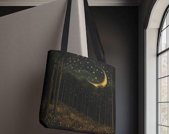 Crescent Moon Tote Bag, Starry Forest Tote, Celestial Shoulder Bag, Night Sky Reusable Market Bag, Lunar Eco-friendly Shopping Tote