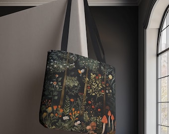 Woodland Tote Bag, Botanical Floral Mushroom Bag, Cottagecore Nature Lover Gift, Forest Bird Shoulder Bag, Wildflower Reusable Tote