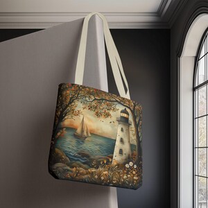 Lighthouse Tote Bag, Sailboat & Coastal Trees, Nautical Scenic Shoulder Bag, Seaside Nature Art, Beach House Gift, Ocean Lover Tote