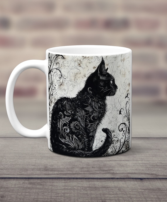 Cute Cat Ceramic Mug, Artistic Cat Coffee Cup, Beautiful Cat Gift Mug, Cat Owner Gift, Gift for Cat Lover, Cat Mom Gift Mug, Elegant Cat Mug
