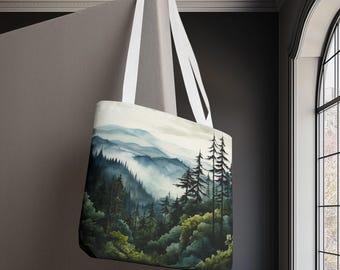 Mountain Forest Tote Bag, Nature Lover Gift, Eco-Friendly Tote Bag, Outdoor Adventure Reusable Shopping Bag, Wilderness Shoulder Bag