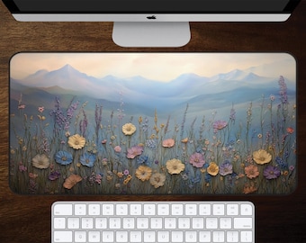 Wildflower Desk Mat, Mountain Landscape Mouse Pad, Floral Nature Desk Pad, Scenic Office Decor, Cottagecore Workspace, Nature Lover Gift