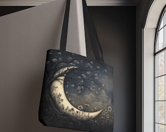 Moon Tote Bag, Celestial Wildflower Market Bag, Crescent Moon Tree Design, Cottagecore Botanical Carryall, Nature Lover Gift, Boho Shopper