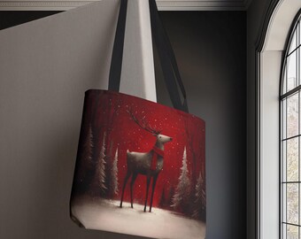 Reindeer Tote Bag, Christmas Winter Woodland Bag, Red Scarf Deer, Snowy Forest Tote, Holiday Gift, Rustic Nature Lover Gift