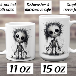 May include: Two white ceramic mugs with a black and white illustration of a cartoon skeleton with a mischievous grin. The mug on the left is 11 ounces and the mug on the right is 15 ounces. Both mugs have the text "Graphic printed on both sides", "Dishwasher & microwave safe", and "Graphic never fades" printed on them.