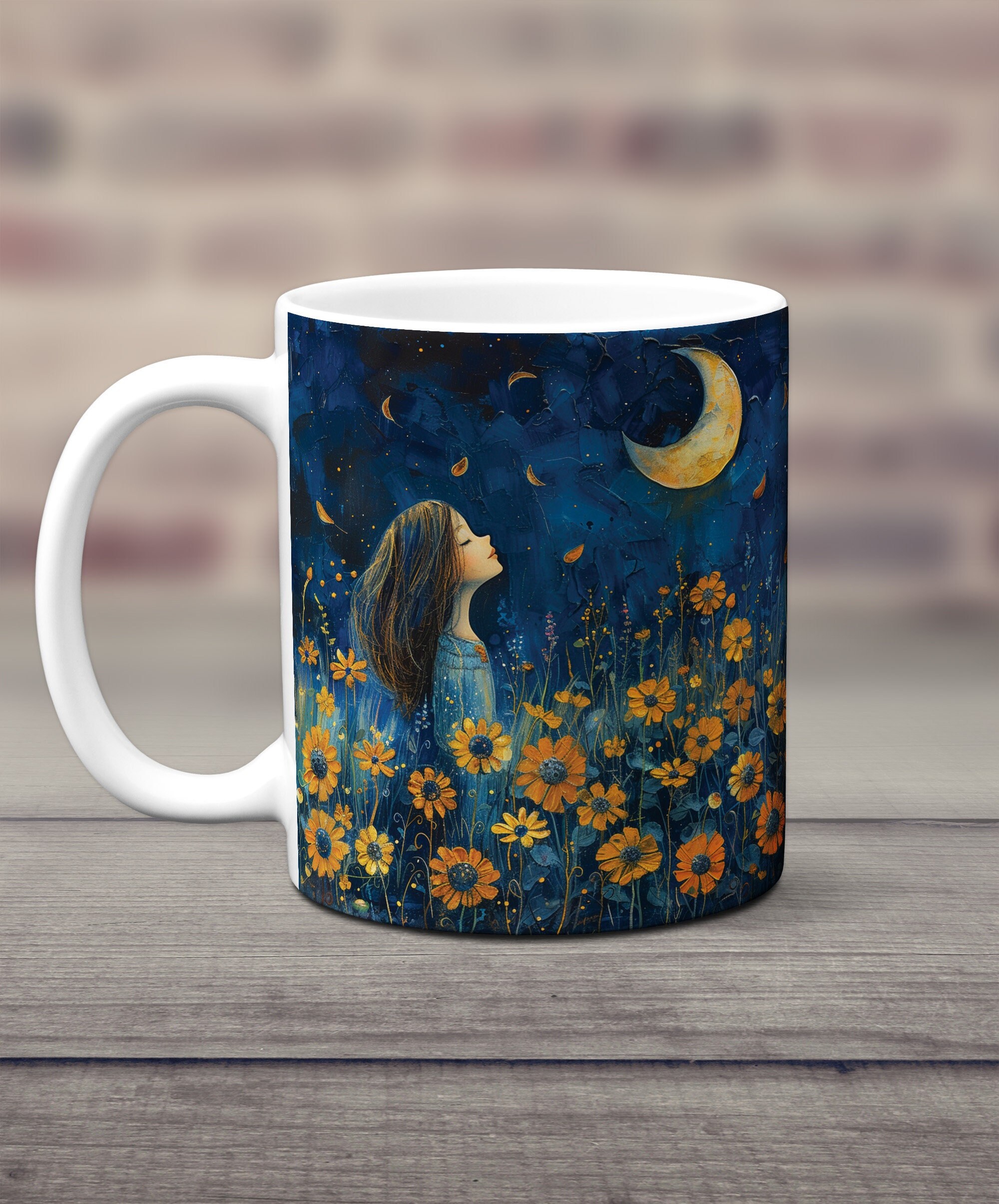 Under the Moon in a Field of Flowers Mug, Zen Coffee Mug, Nature Lover Cup, Girl in Nature Mug, Moon Flowers Mug, Floral Ceramic Mug, Boho
