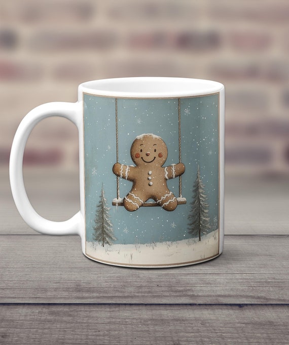 Gingerbread Man Mug, Gingerbread Gift, Gingerbread on a Swing, Cute Christmas Cup, Holiday Ceramic Mug, Festive Gift, Winter Coffee Cup