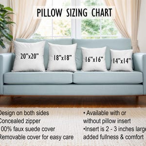 May include: A light blue sofa displays four white square pillows of varying sizes: 20"x20", 18"x18", 16"x16", and 14"x14". The pillows are arranged on the sofa, showcasing a pillow sizing chart. The image also highlights features like a concealed zipper and a removable faux suede cover.